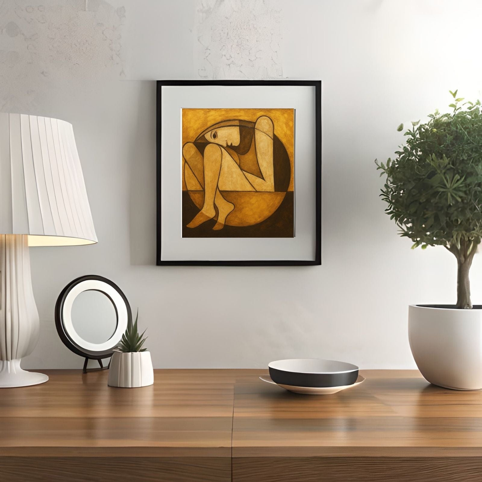  A minimalist figurative painting featuring a person in a curled, introspective pose within a circle, rendered in warm gold and brown earthy tones.
