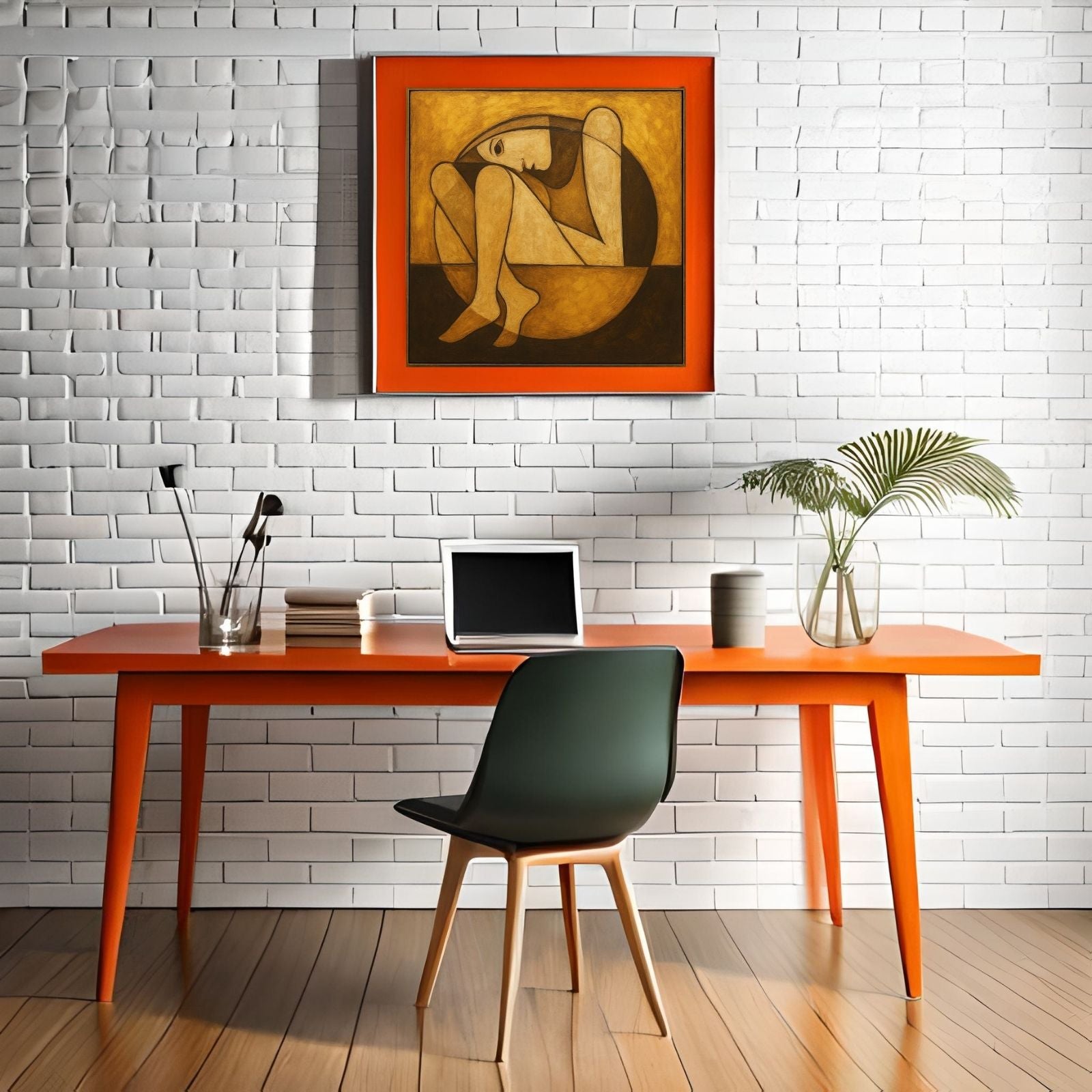  A minimalist figurative painting featuring a person in a curled, introspective pose within a circle, rendered in warm gold and brown earthy tones.