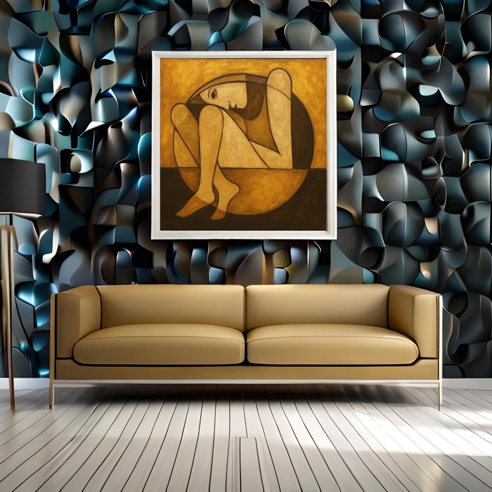  A minimalist figurative painting featuring a person in a curled, introspective pose within a circle, rendered in warm gold and brown earthy tones.