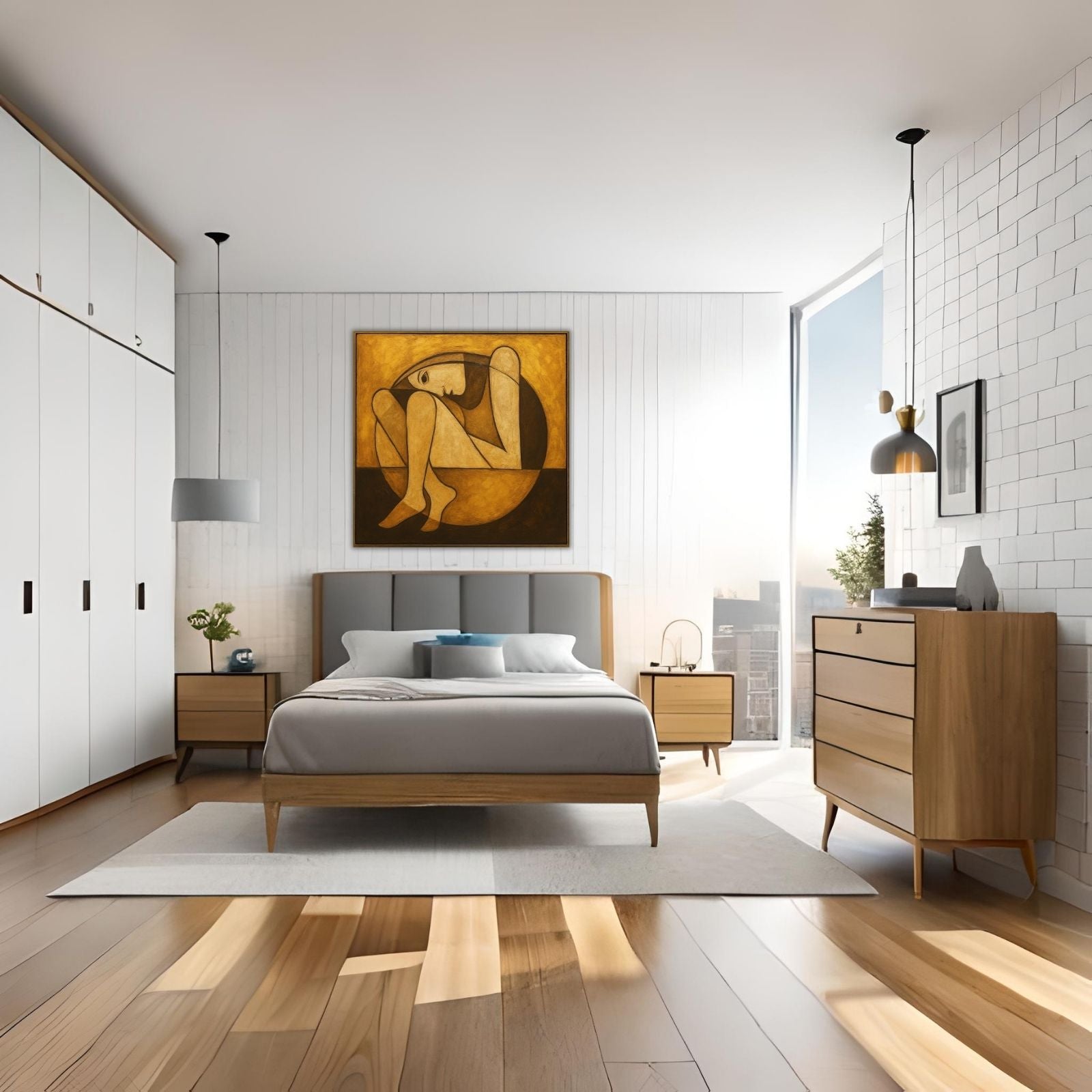  A minimalist figurative painting featuring a person in a curled, introspective pose within a circle, rendered in warm gold and brown earthy tones.