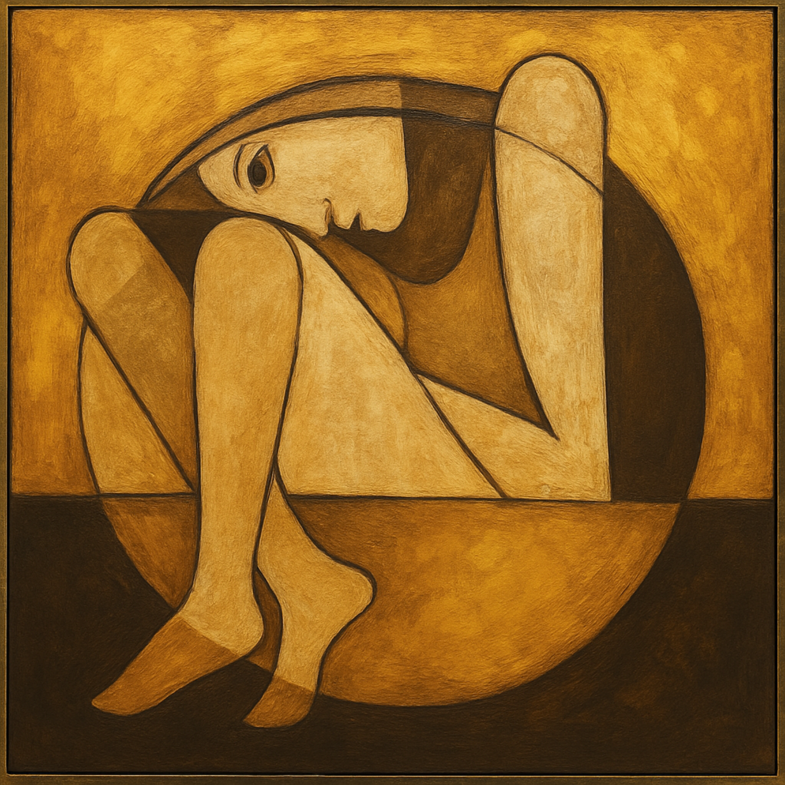  A minimalist figurative painting featuring a person in a curled, introspective pose within a circle, rendered in warm gold and brown earthy tones.