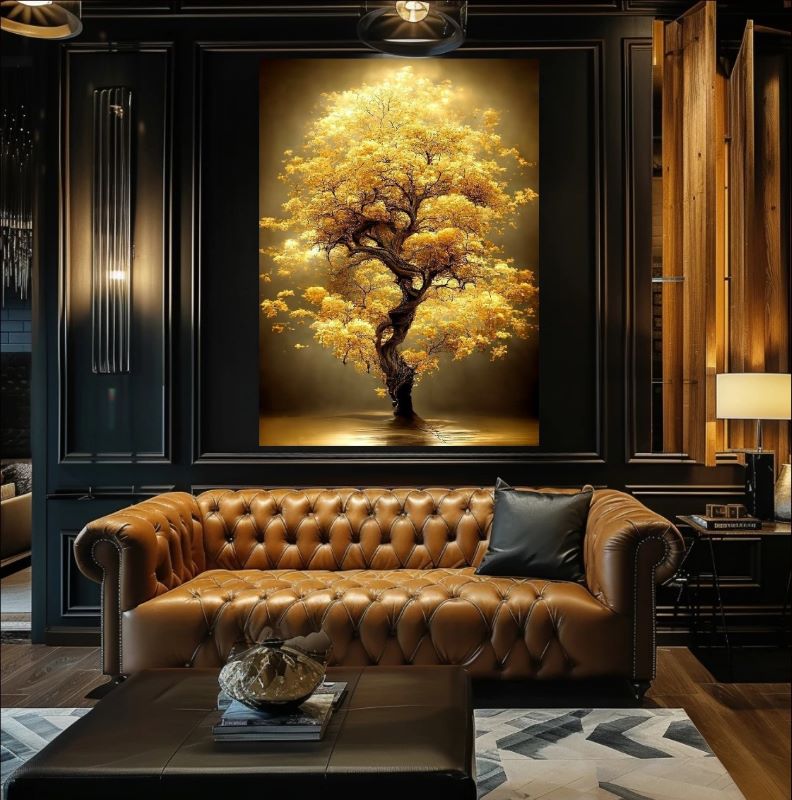 Majestic Tree of Life painting featuring a glowing golden canopy and twisted trunk against a dark moody background, luxury nature wall art.