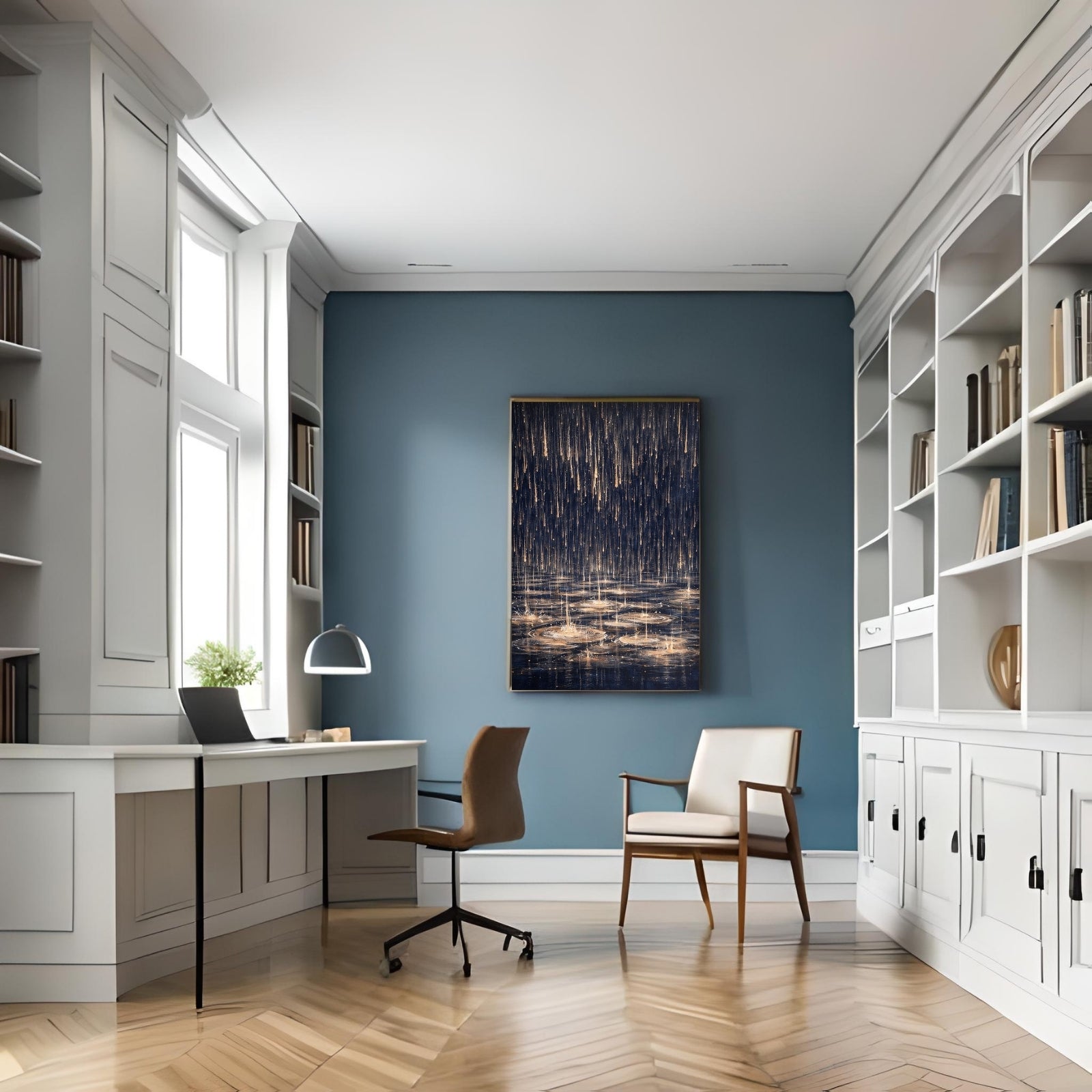 Abstract modern painting featuring vertical gold paint drips falling onto a dark blue surface, creating ripple effects in shimmering gold and white.