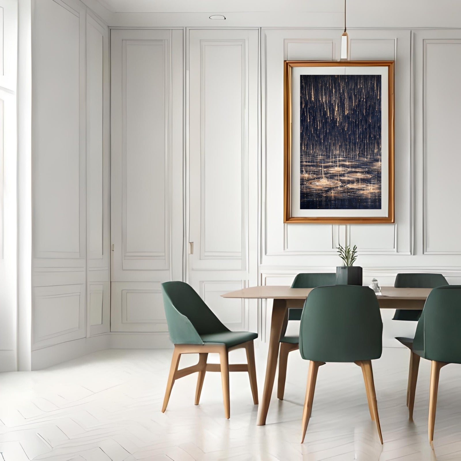 Abstract modern painting featuring vertical gold paint drips falling onto a dark blue surface, creating ripple effects in shimmering gold and white.