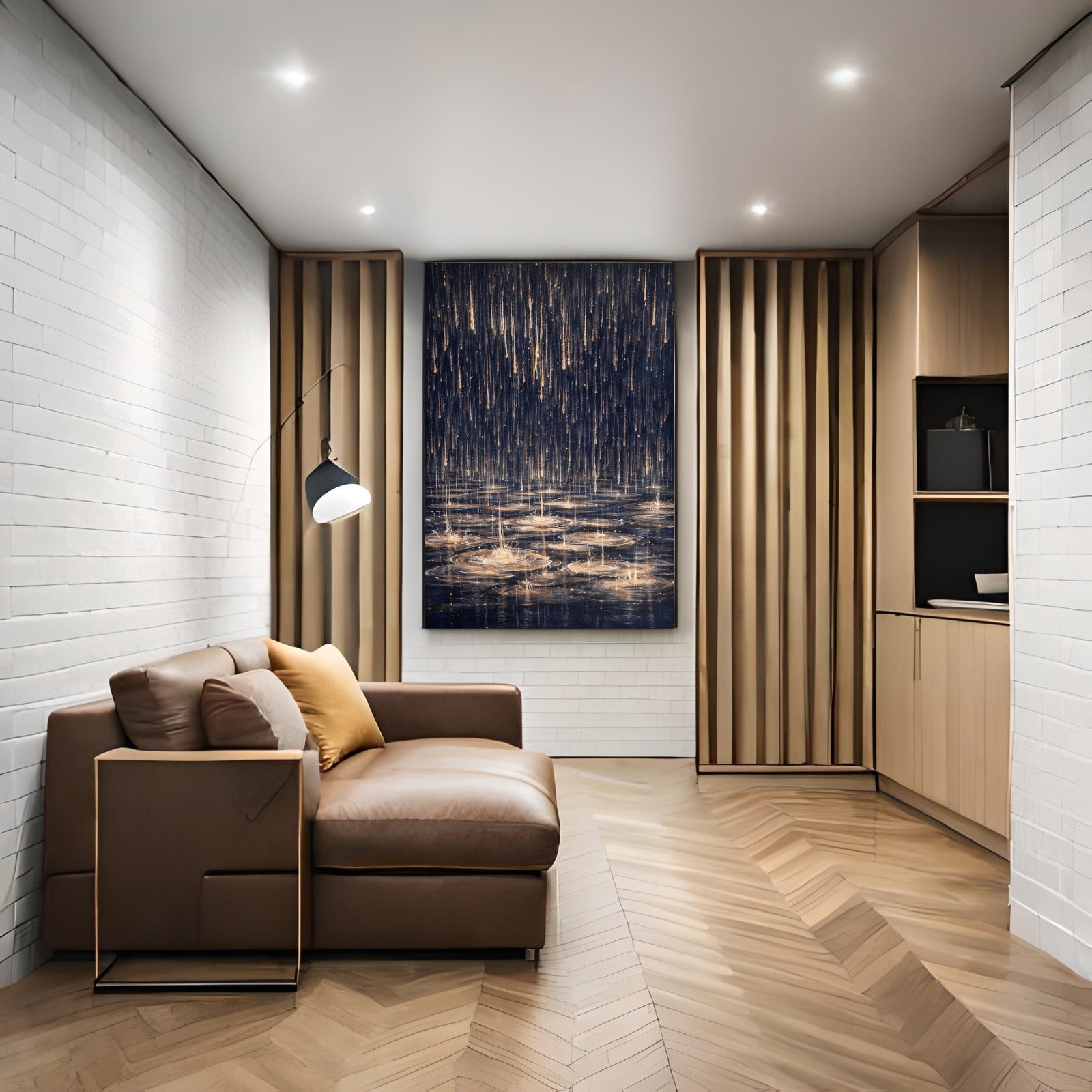 Abstract modern painting featuring vertical gold paint drips falling onto a dark blue surface, creating ripple effects in shimmering gold and white.