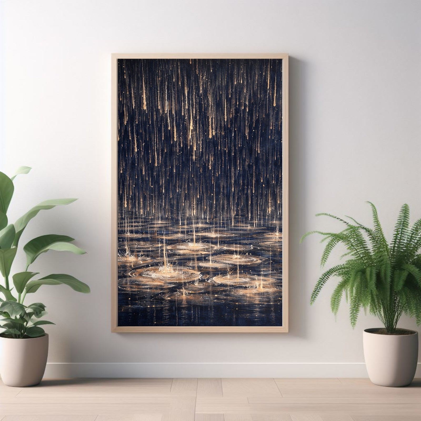 Abstract modern painting featuring vertical gold paint drips falling onto a dark blue surface, creating ripple effects in shimmering gold and white.