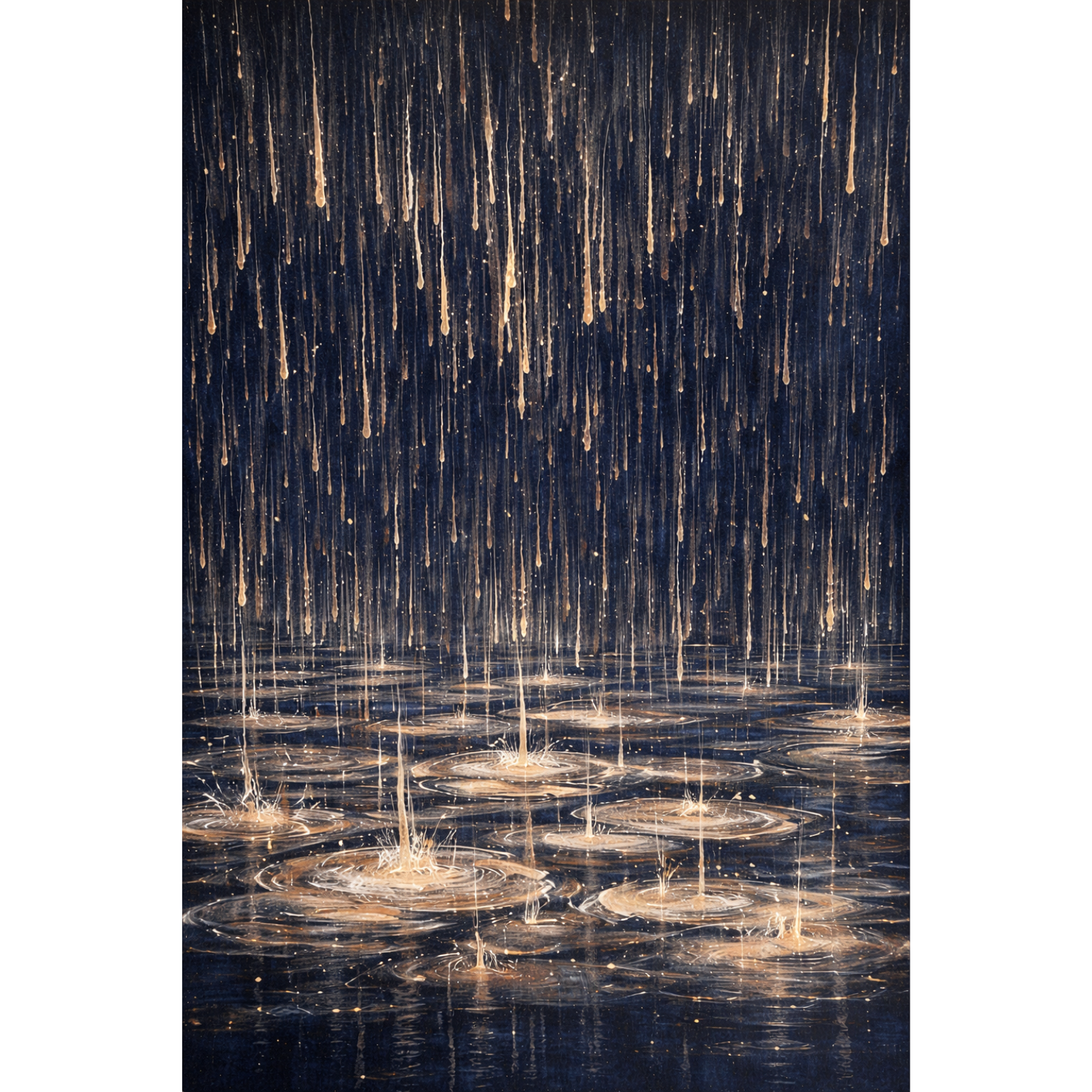 Abstract modern painting featuring vertical gold paint drips falling onto a dark blue surface, creating ripple effects in shimmering gold and white.