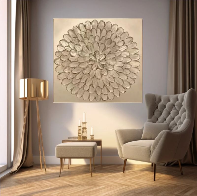 Textured abstract painting of a large golden flower with concentric petals resembling a mandala, metallic 3D wall art style.