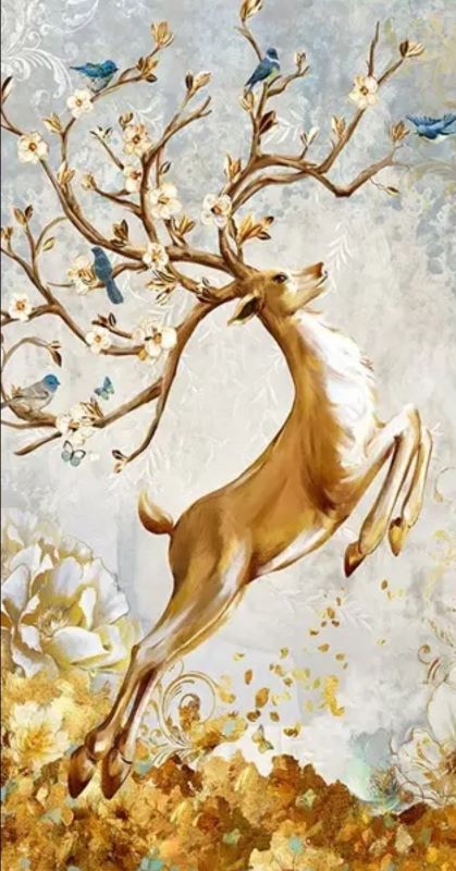Whimsical painting of a leaping golden deer with antlers blooming into flower-filled branches with blue birds, enchanted fantasy wall art style.