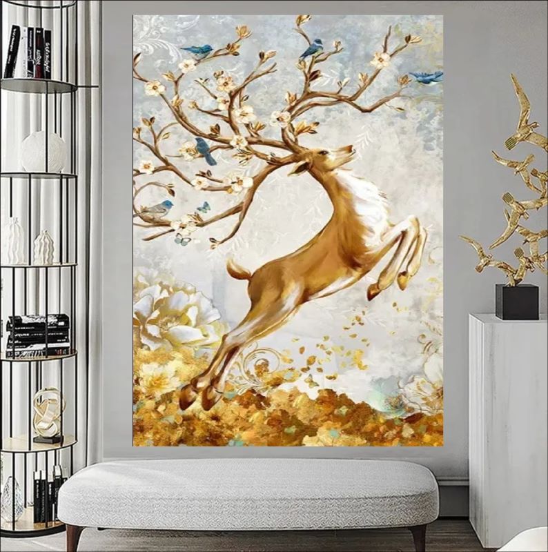 Whimsical painting of a leaping golden deer with antlers blooming into flower-filled branches with blue birds, enchanted fantasy wall art style.