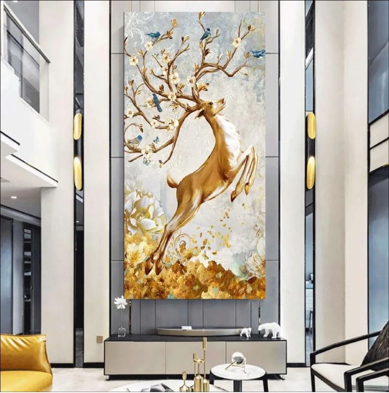 Whimsical painting of a leaping golden deer with antlers blooming into flower-filled branches with blue birds, enchanted fantasy wall art style.