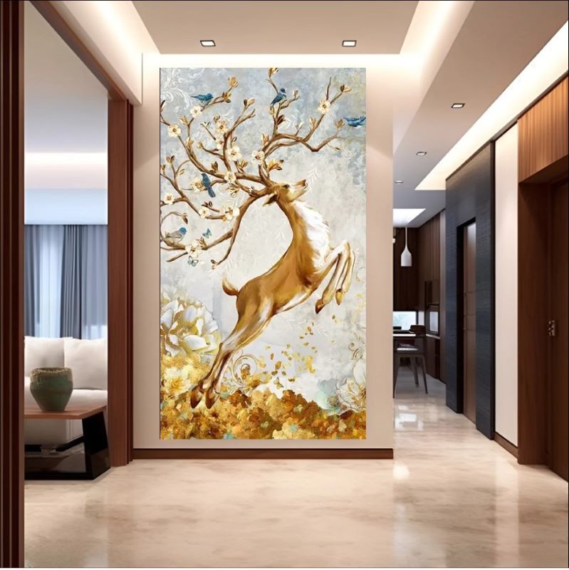 Whimsical painting of a leaping golden deer with antlers blooming into flower-filled branches with blue birds, enchanted fantasy wall art style.