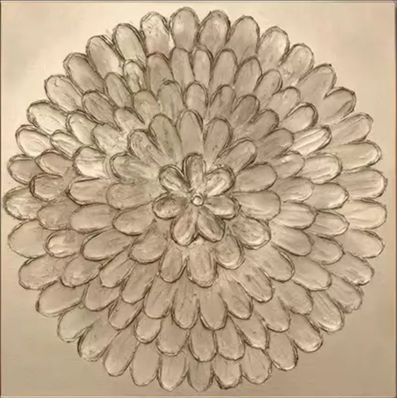 Textured abstract painting of a large golden flower with concentric petals resembling a mandala, metallic 3D wall art style.
