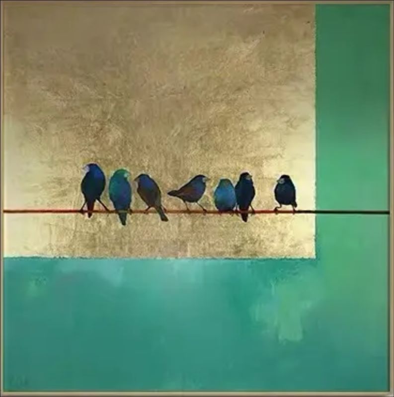 Minimalist painting of small blue birds perched on a thin wire against a background of textured gold leaf and deep teal green blocks.