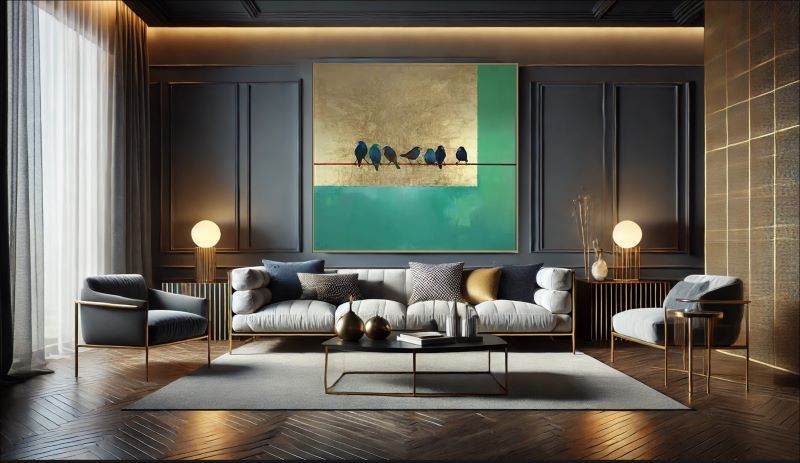 Minimalist painting of small blue birds perched on a thin wire against a background of textured gold leaf and deep teal green blocks.