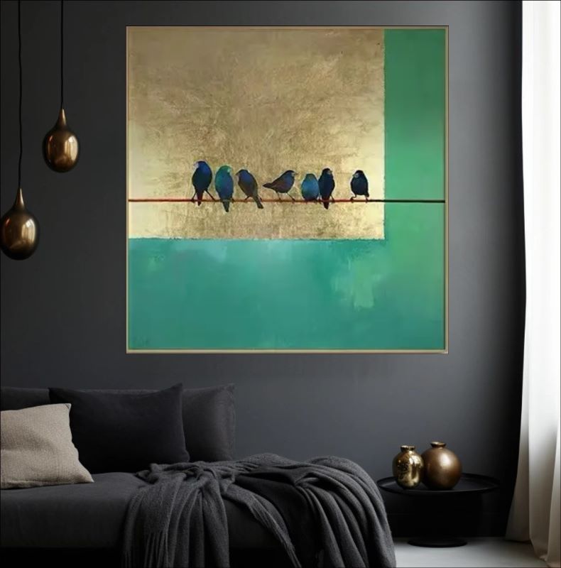 Whispers on the Wire - Elegant Bird-Themed Abstract Painting in Green and Gold