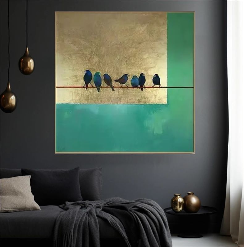 Minimalist painting of small blue birds perched on a thin wire against a background of textured gold leaf and deep teal green blocks.
