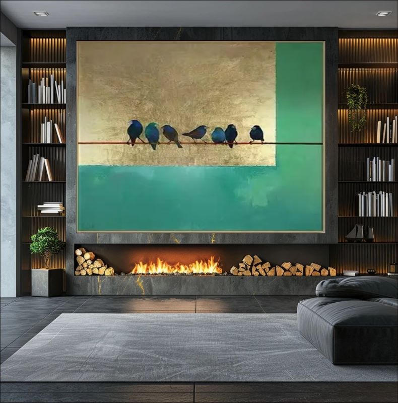 Minimalist painting of small blue birds perched on a thin wire against a background of textured gold leaf and deep teal green blocks.