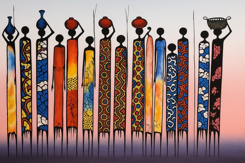 Artistic depiction of stylized figures holding containers against a gradient background. Modern African art of tribal women in vibrant robes carrying baskets, symbolizing strength and unity, cultural wall decor.
