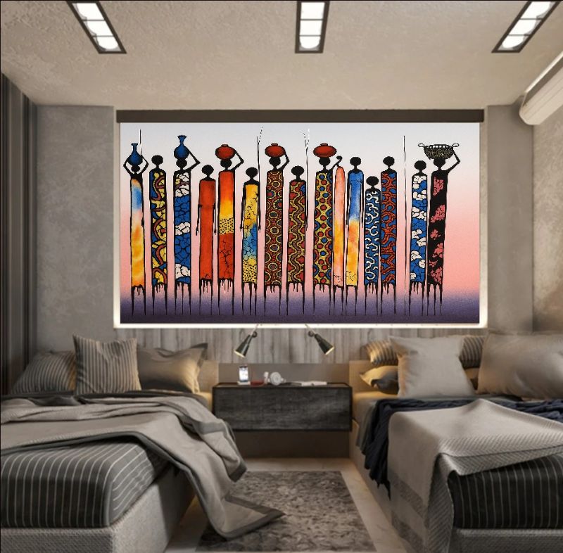 Modern African art of tribal women in vibrant robes carrying baskets, symbolizing strength, unity, and cultural tradition.