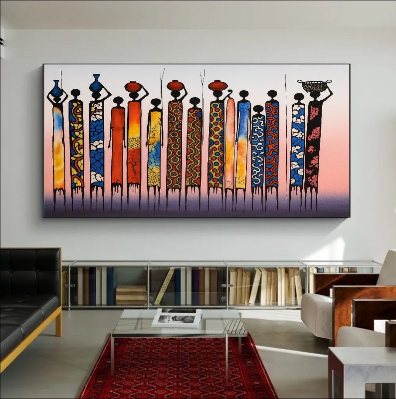 Modern African art of tribal women in vibrant robes carrying baskets, symbolizing strength and unity, cultural wall decor.