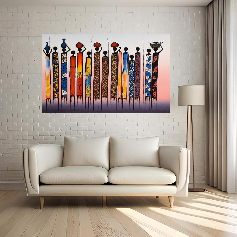 Colorful abstract painting of people on a white wall above a beige sofa.