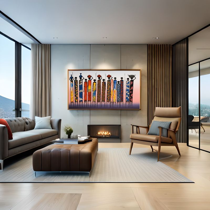 Modern living room with a Modern African art of tribal women in vibrant robes carrying baskets, symbolizing strength and unity, cultural wall decor., around sofa, armchair, and fireplace.