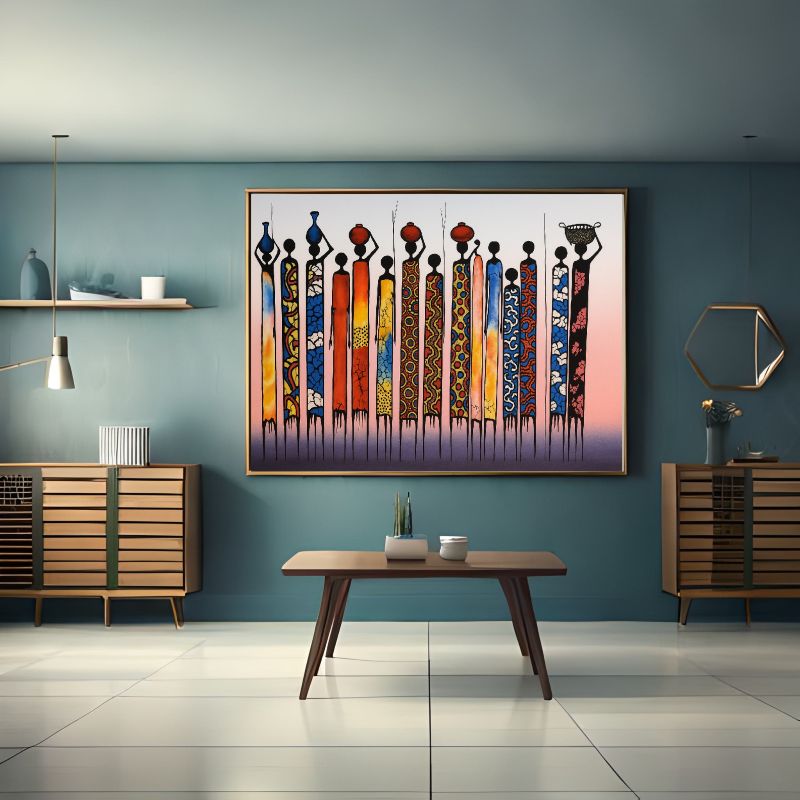 Modern interior with a colorful abstract painting of women on a blue wall.