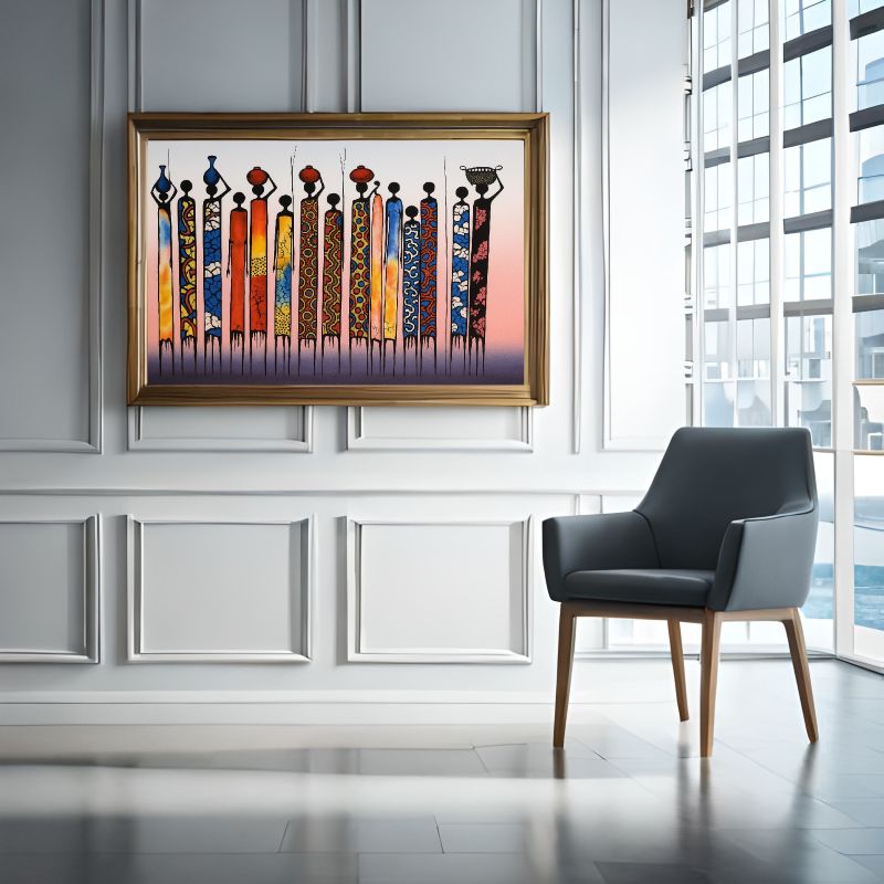 Modern African art of tribal women in vibrant robes carrying baskets, symbolizing strength and unity, cultural wall decor.