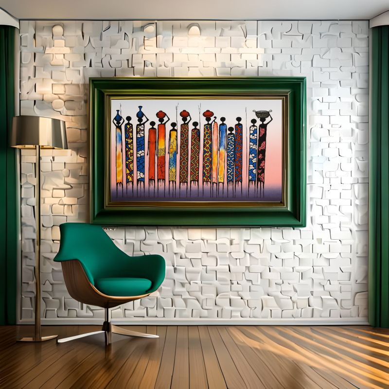 Colorful abstract painting on a textured wall with a green chair and lamp.