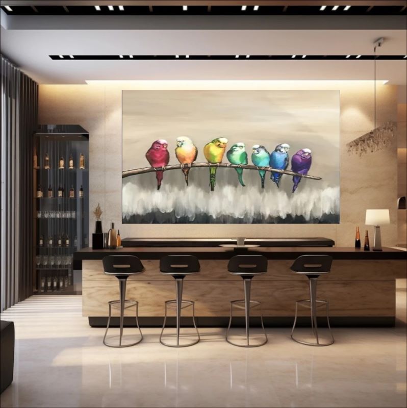 Painting of seven colorful parrots in rainbow hues perched in a row on a branch against a neutral beige background, whimsical bird wall art.