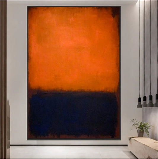 Abstract art with vibrant orange and deep blue, perfect for modern decor.