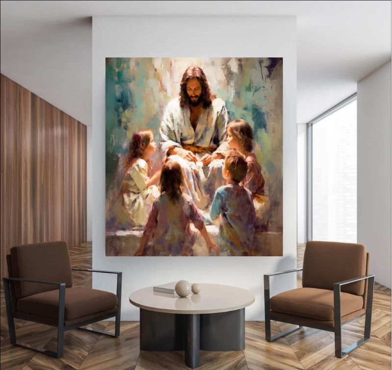 Classical oil painting depicting Jesus Christ sitting in a grassy field, smiling and embracing a group of young children, bathed in soft, warm light.