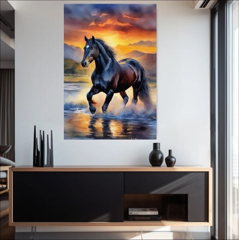 Sunlit Grace - Black Horse Galloping Through Water Canvas Art