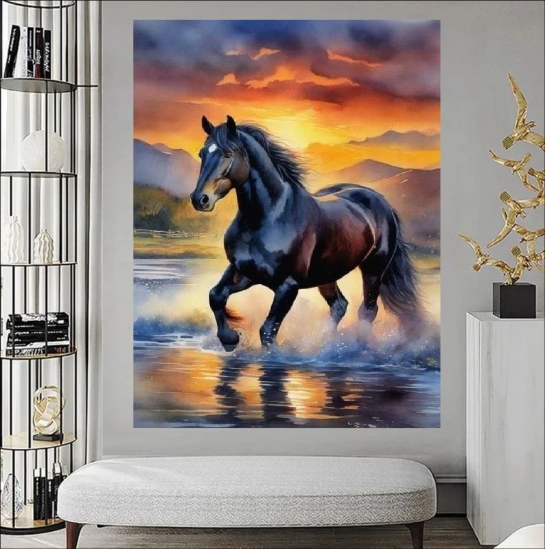 Sunlit Grace - Black Horse Galloping Through Water Canvas Art