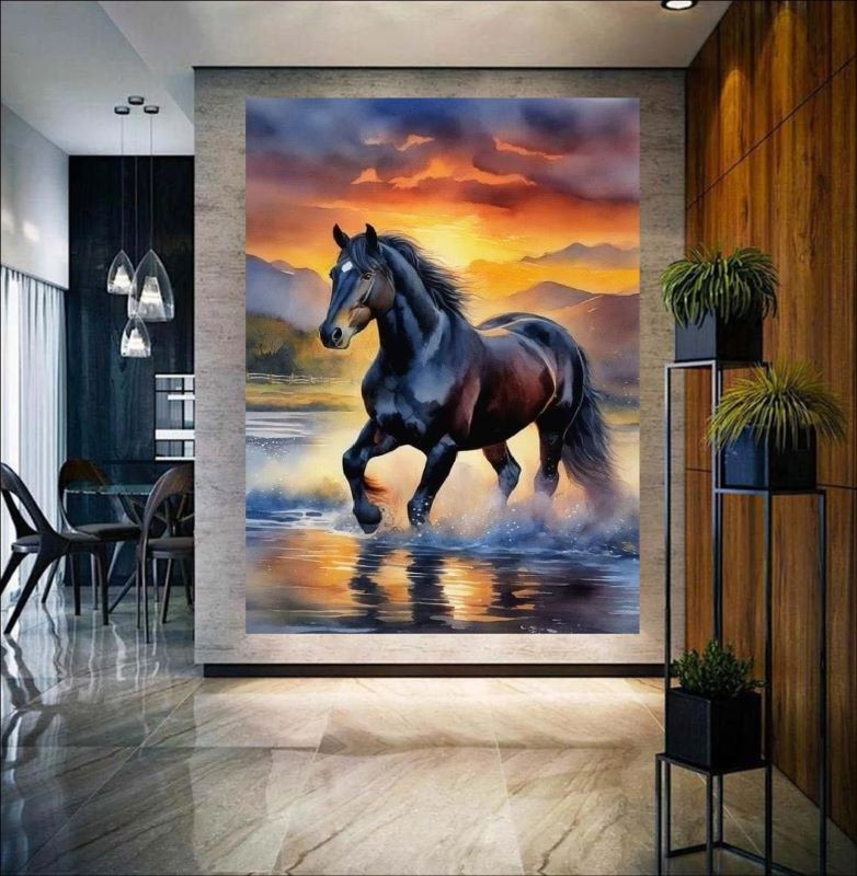 Sunlit Grace - Black Horse Galloping Through Water Canvas Art