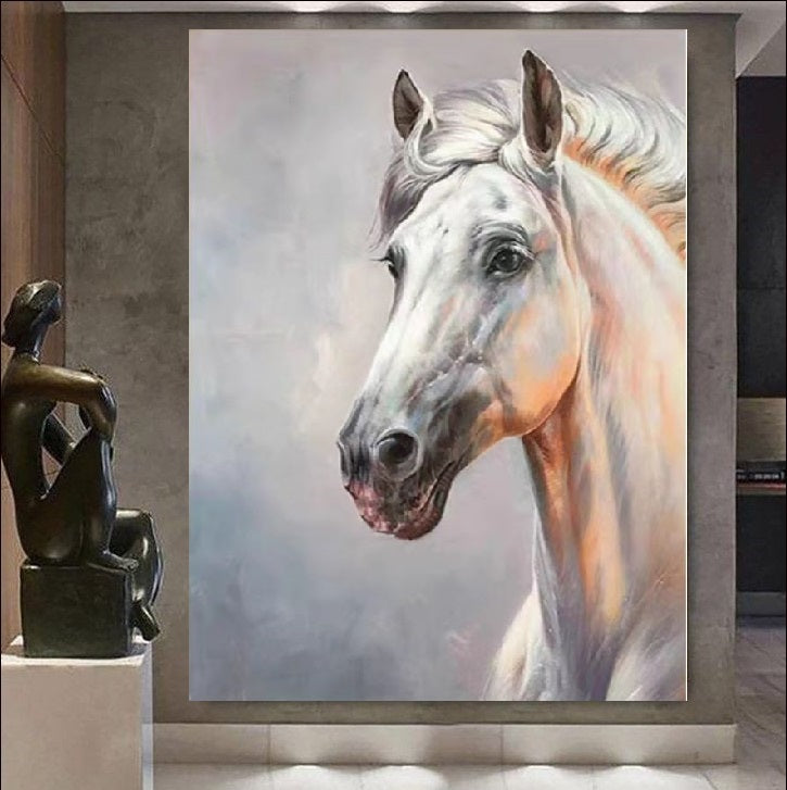 Painting of a horse head on a wall with a sculpture in the foreground