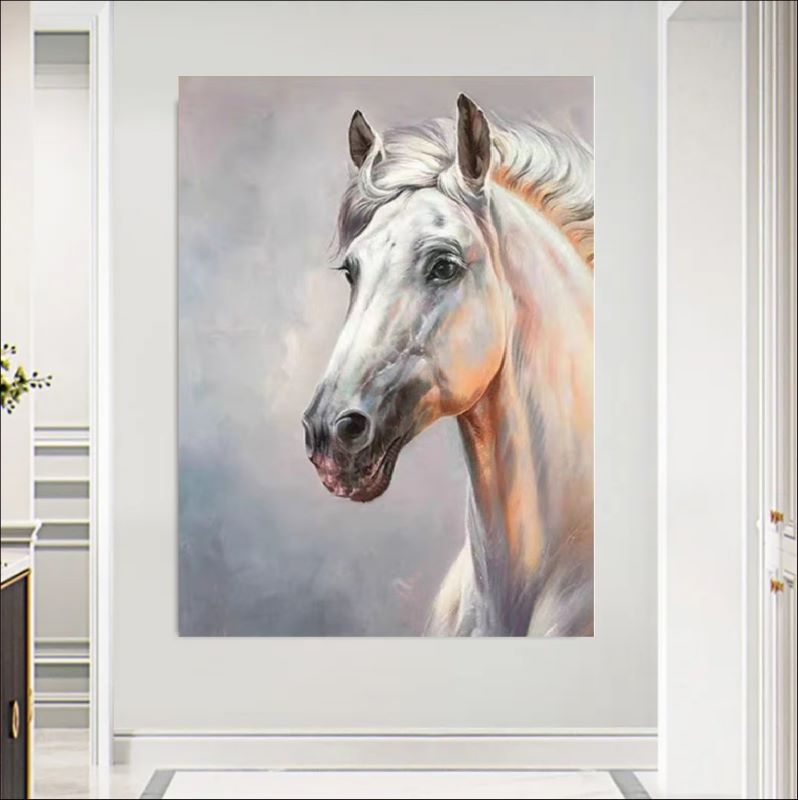 Painting of a horse on a wall in a room with white walls and a door.