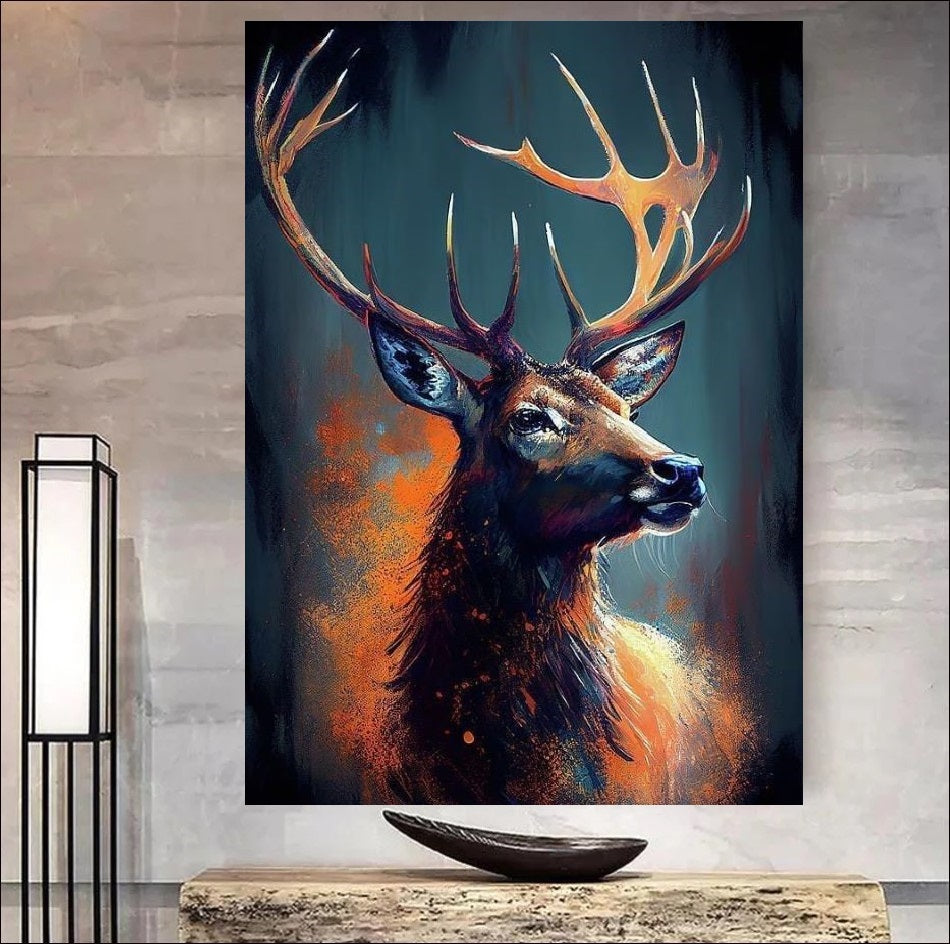 Painting of a deer with large antlers on a wall in a room.