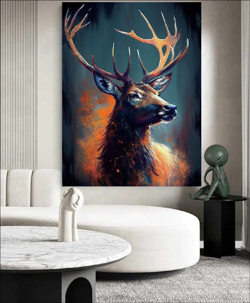 Modern painting of a majestic stag with large antlers featuring glowing orange highlights against a dark navy blue background, wildlife wall art.