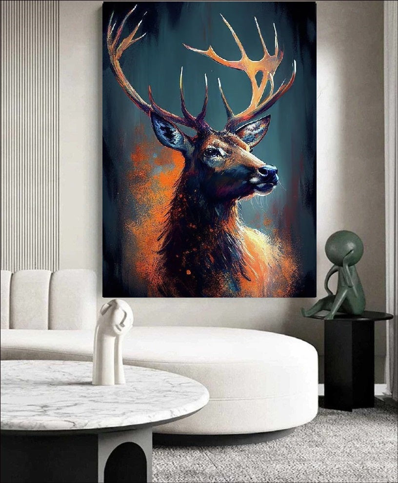 Colorful painting of a deer with large antlers on a wall in a modern living room.