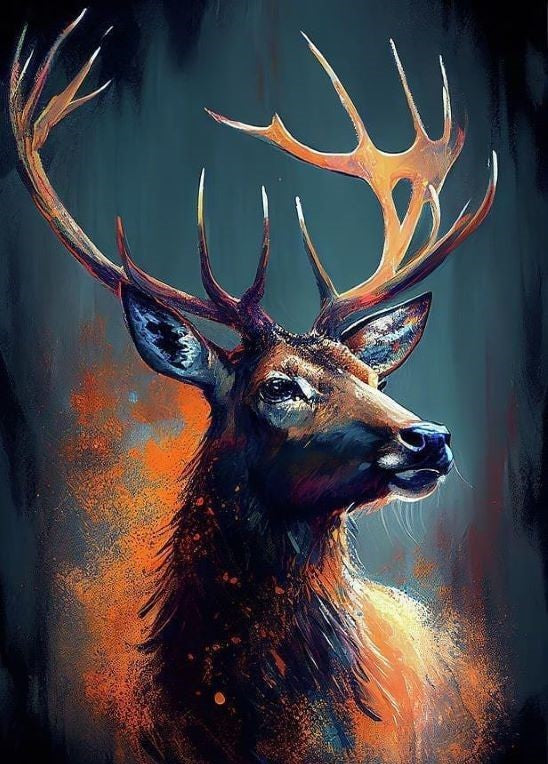 Artistic depiction of a deer with large antlers against a dark background