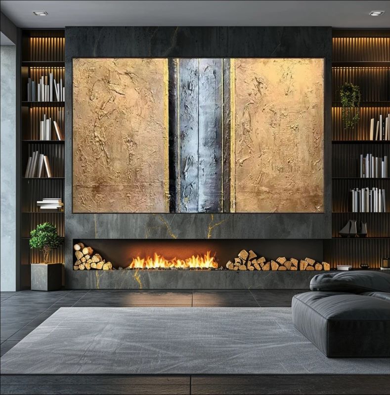 Textured abstract painting featuring two large burnished gold panels separated by a vertical dark grey and silver stripe, modern industrial wall art.
