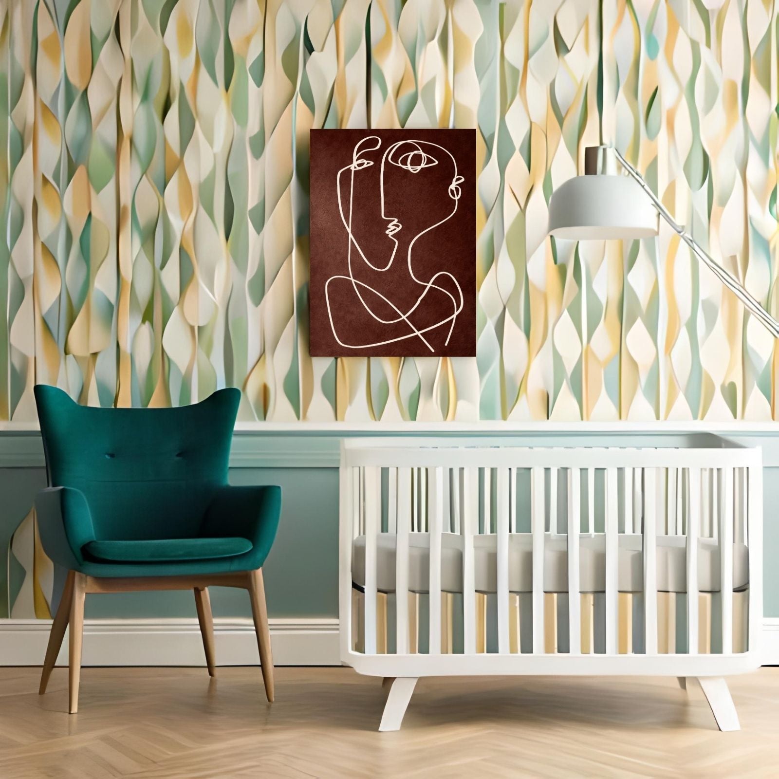 A minimalist abstract figurative painting featuring two faces drawn with a single continuous white line on a textured dark brown background.