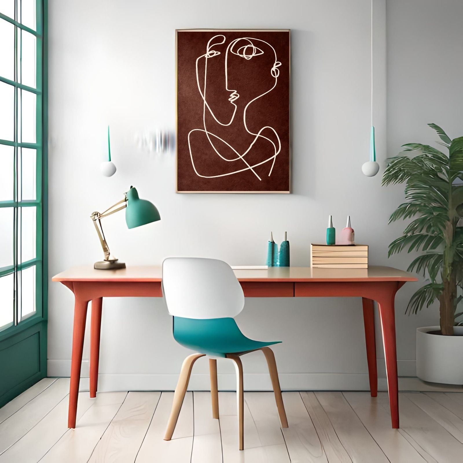 A minimalist abstract figurative painting featuring two faces drawn with a single continuous white line on a textured dark brown background.