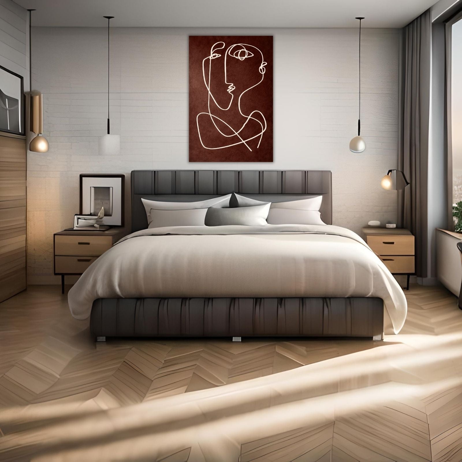 A minimalist abstract figurative painting featuring two faces drawn with a single continuous white line on a textured dark brown background.