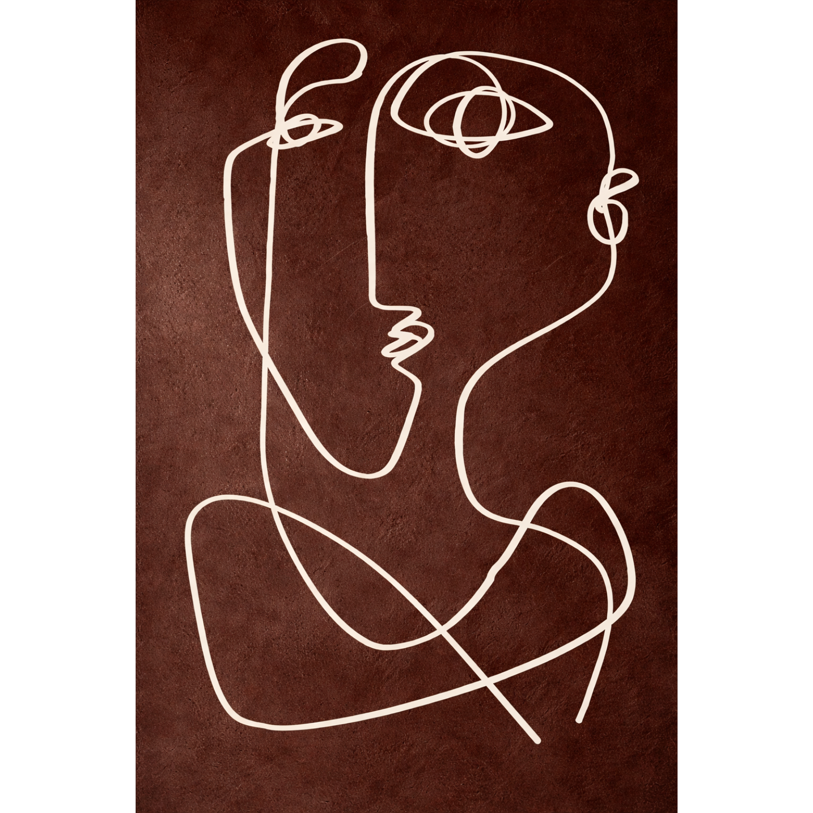 A minimalist abstract figurative painting featuring two faces drawn with a single continuous white line on a textured dark brown background.