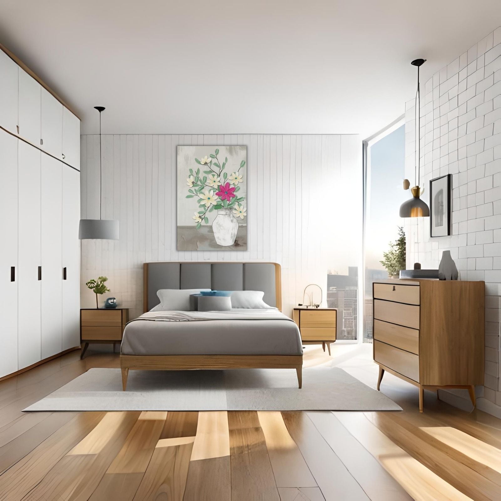 A contemporary botanical painting featuring a white vase with textured ivory flowers and one bright pink flower against a neutral grey background.