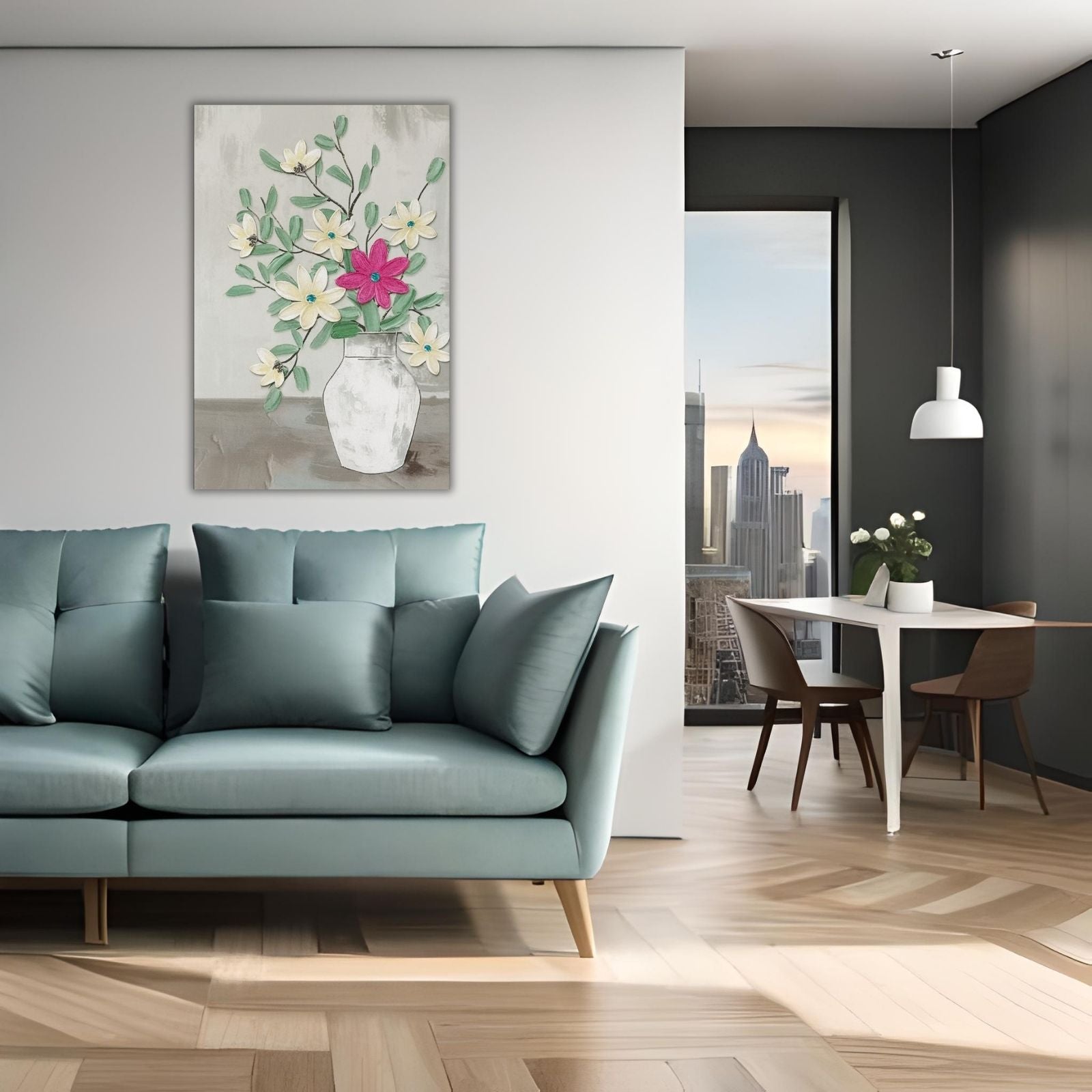 A contemporary botanical painting featuring a white vase with textured ivory flowers and one bright pink flower against a neutral grey background.