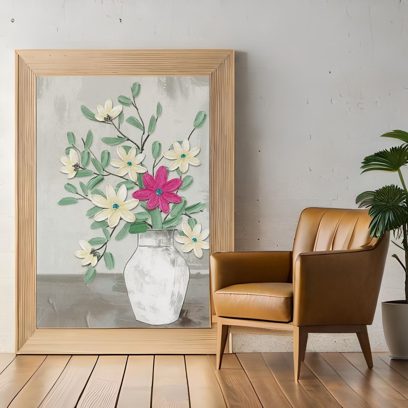 A contemporary botanical painting featuring a white vase with textured ivory flowers and one bright pink flower against a neutral grey background.